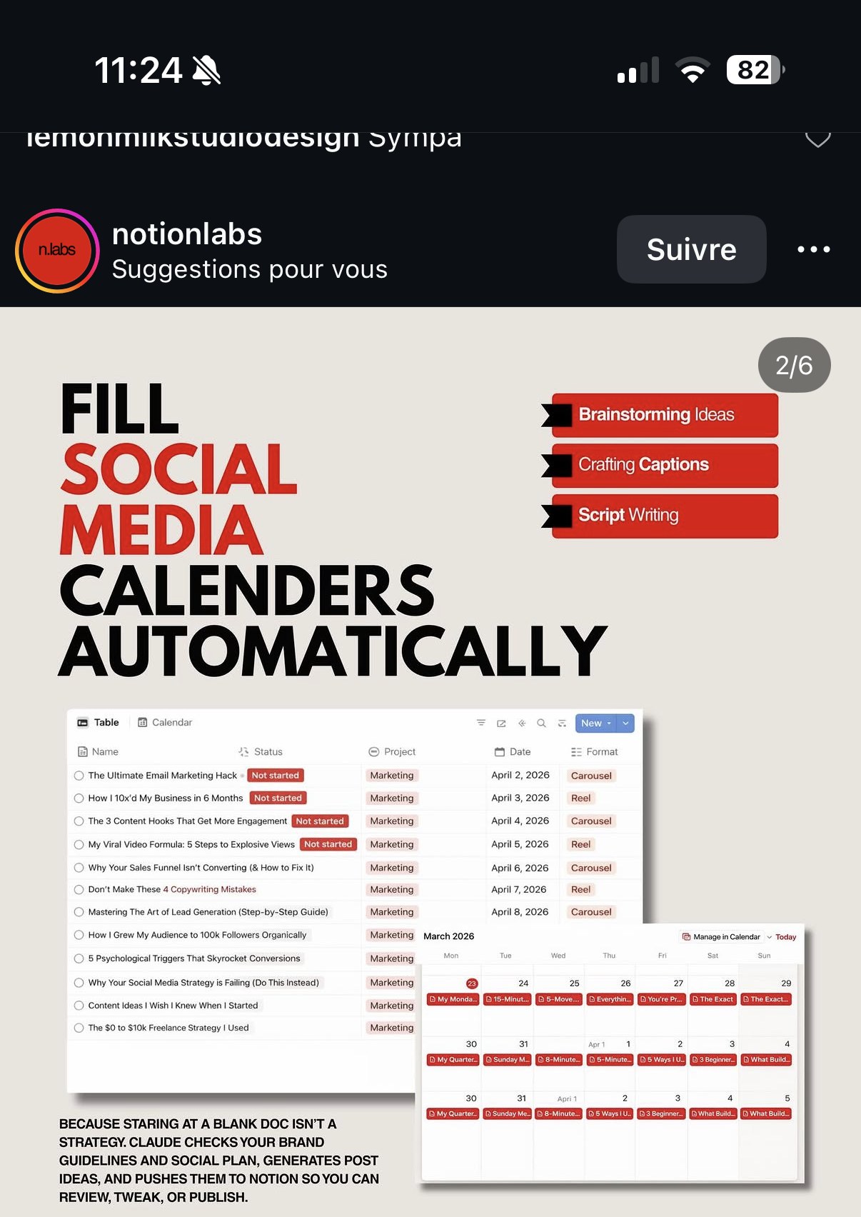 « Fill Social Media Calendars Automatically » — Claude vérifie les guidelines de marque et le plan social, génère des idées de post et les pousse dans Notion