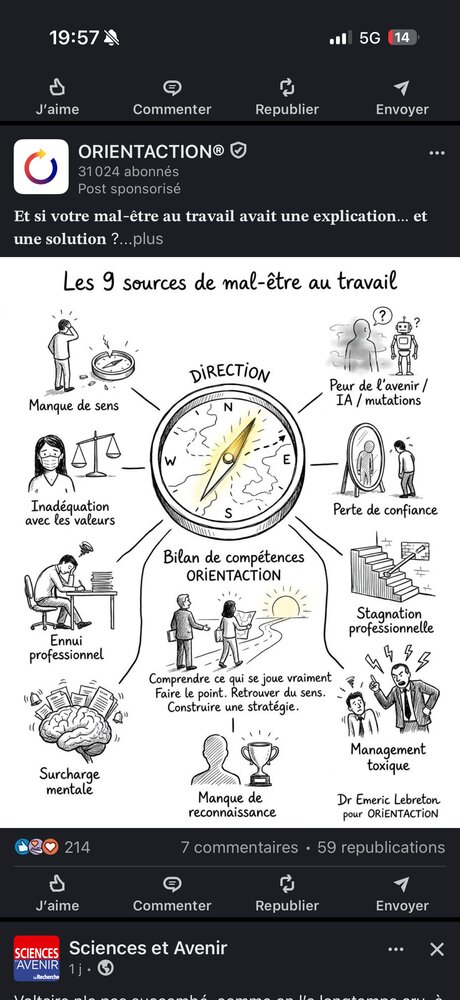 Boussole illustrée à 8 branches — manque de sens, peur de l'IA, perte de confiance, stagnation pro, management toxique, surcharge mentale, ennui, inadéquation aux valeurs