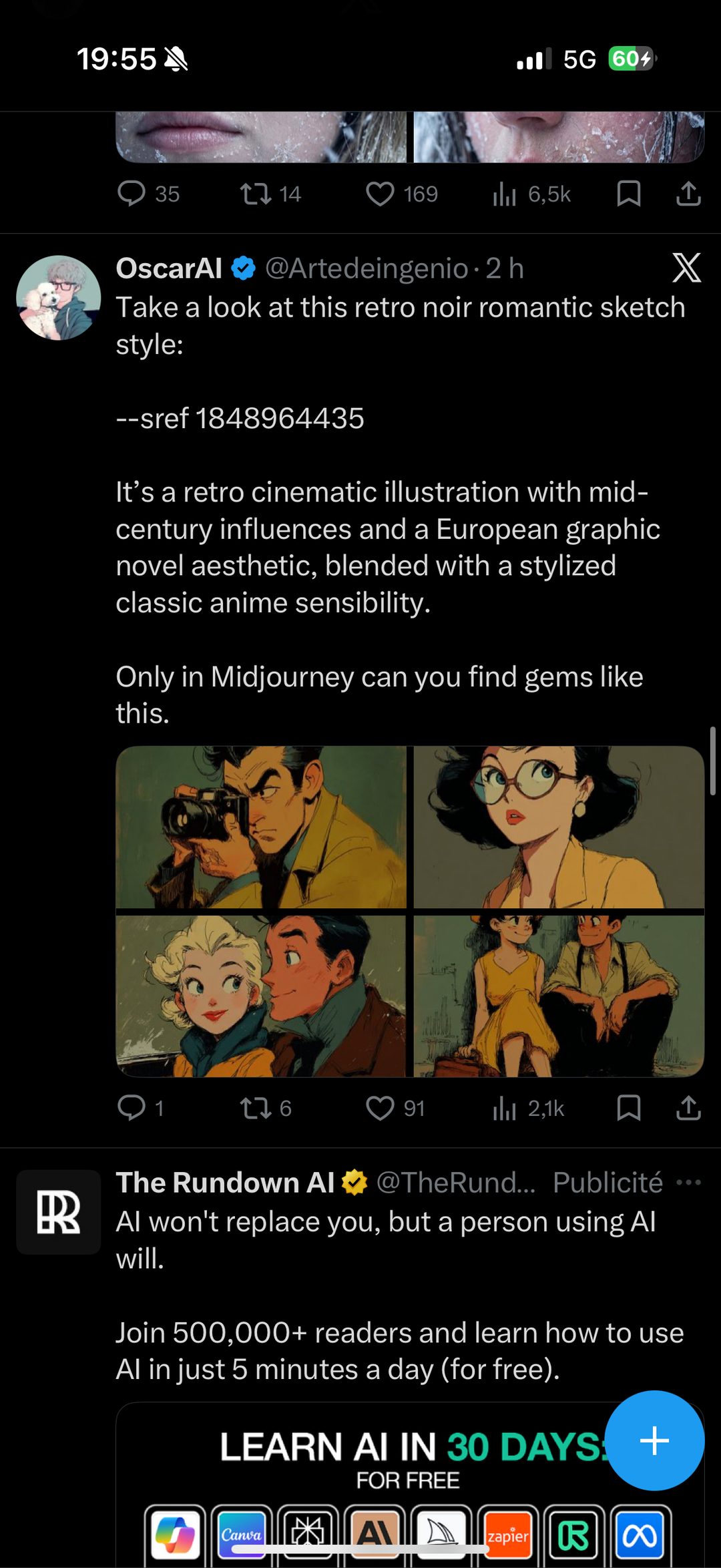 « Retro noir romantic sketch » (--sref 1848964435) — illustration façon BD européenne mi-XXe/anime classique