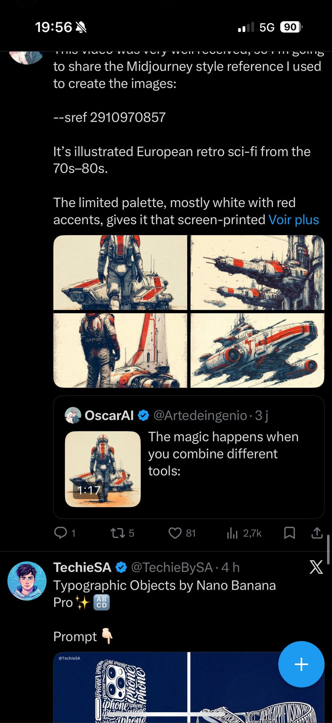 « European retro sci-fi 70s-80s » (--sref 2910970857) — combinaisons spatiales blanc/rouge façon screen-print