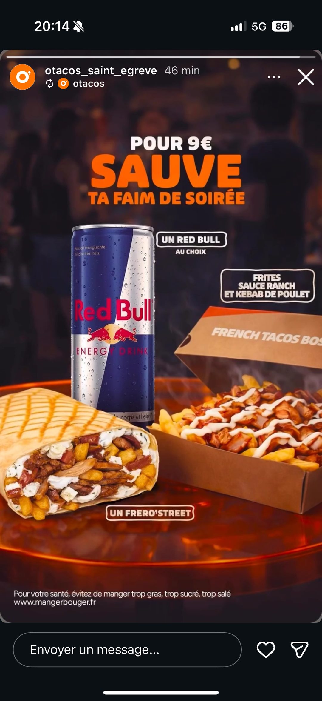 OTacos offre Frero Street frites Red Bull 9 euros