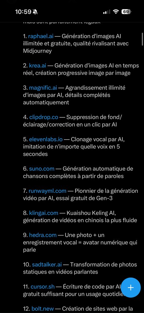 Liste répertoire d'outils IA (1 à 11) : génération image, voix, vidéo