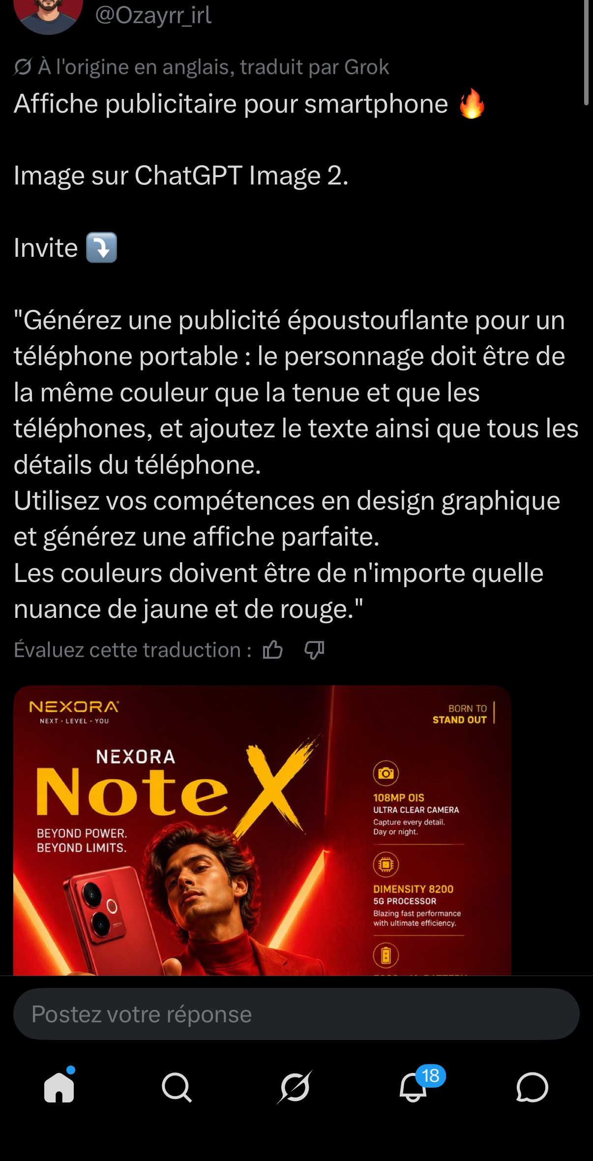 Affiche publicitaire smartphone fictif « NEXORA NoteX » — personnage, tenue et téléphone dans la même gamme de rouge/jaune, fiche technique complète (108MP, Dimensity 8200)