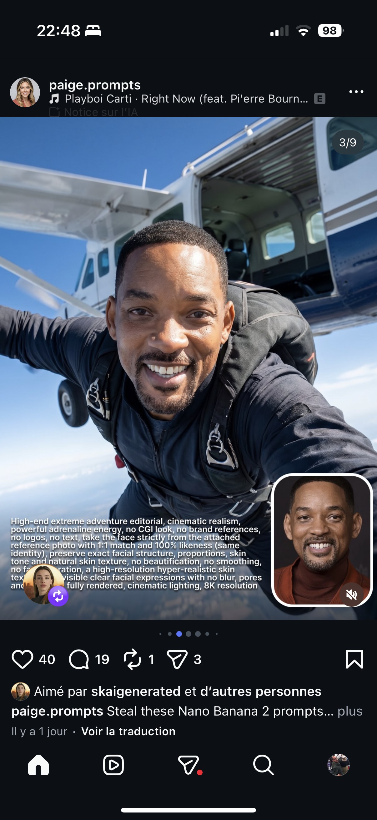 paige.prompts — Will Smith en chute libre, prompt d'aventure extrême avec identité 1:1 préservée depuis la photo de référence