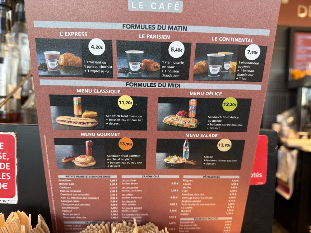 Carte complète PAUL Le Café — Formules du matin (L'Express/Le Parisien/Le Continental) et du midi (Classique/Délice/Gourmet/Salade)