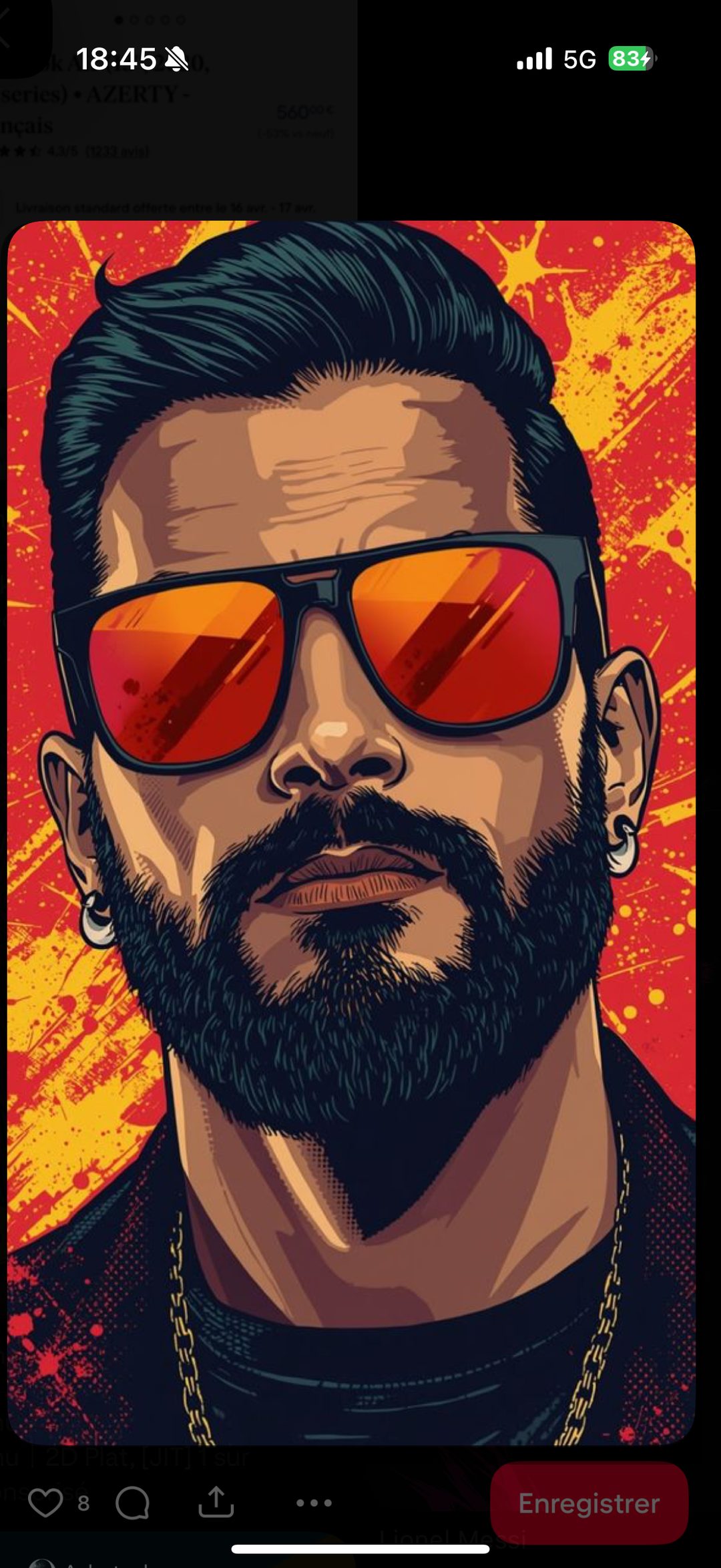 Portrait masculin illustré — lunettes miroir rouge, fond éclaboussures