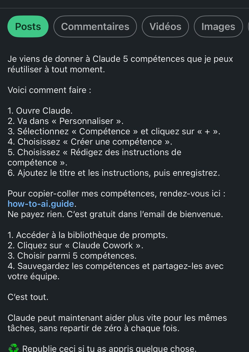 Post LinkedIn — tutoriel pour créer et réutiliser des « compétences » personnalisées dans Claude