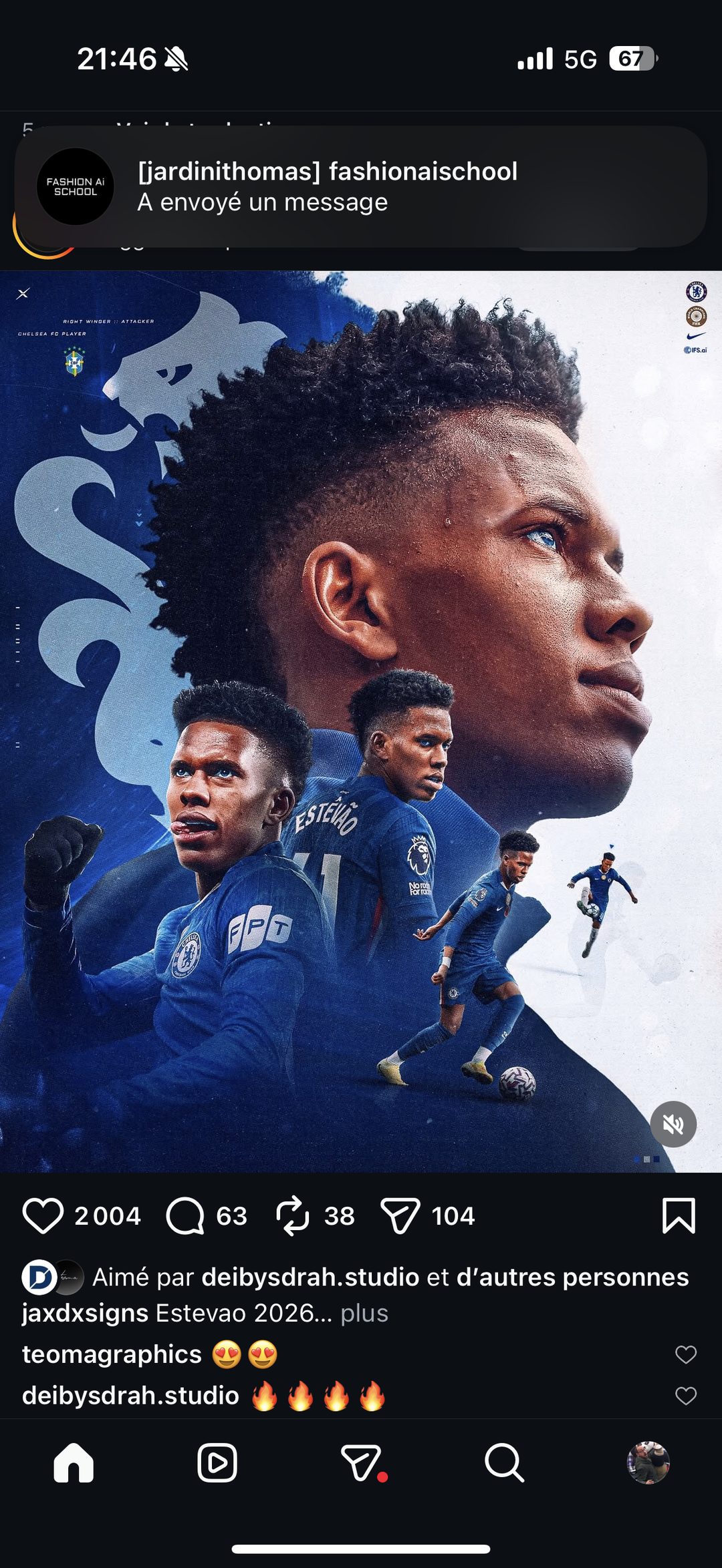 Poster sportif IA mettant en scène des joueurs de Chelsea FC (Estevao)