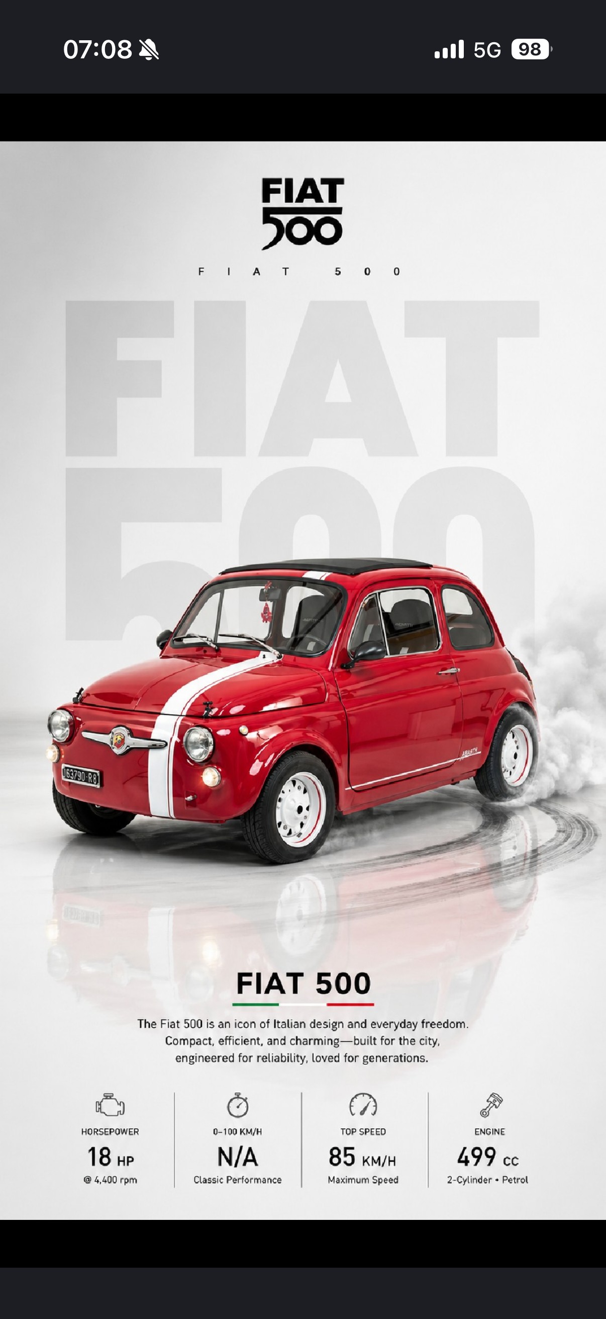 Fiat 500 — affiche produit même gabarit compositionnel (titre + accroche + fiche technique), « An icon of Italian design and everyday freedom »
