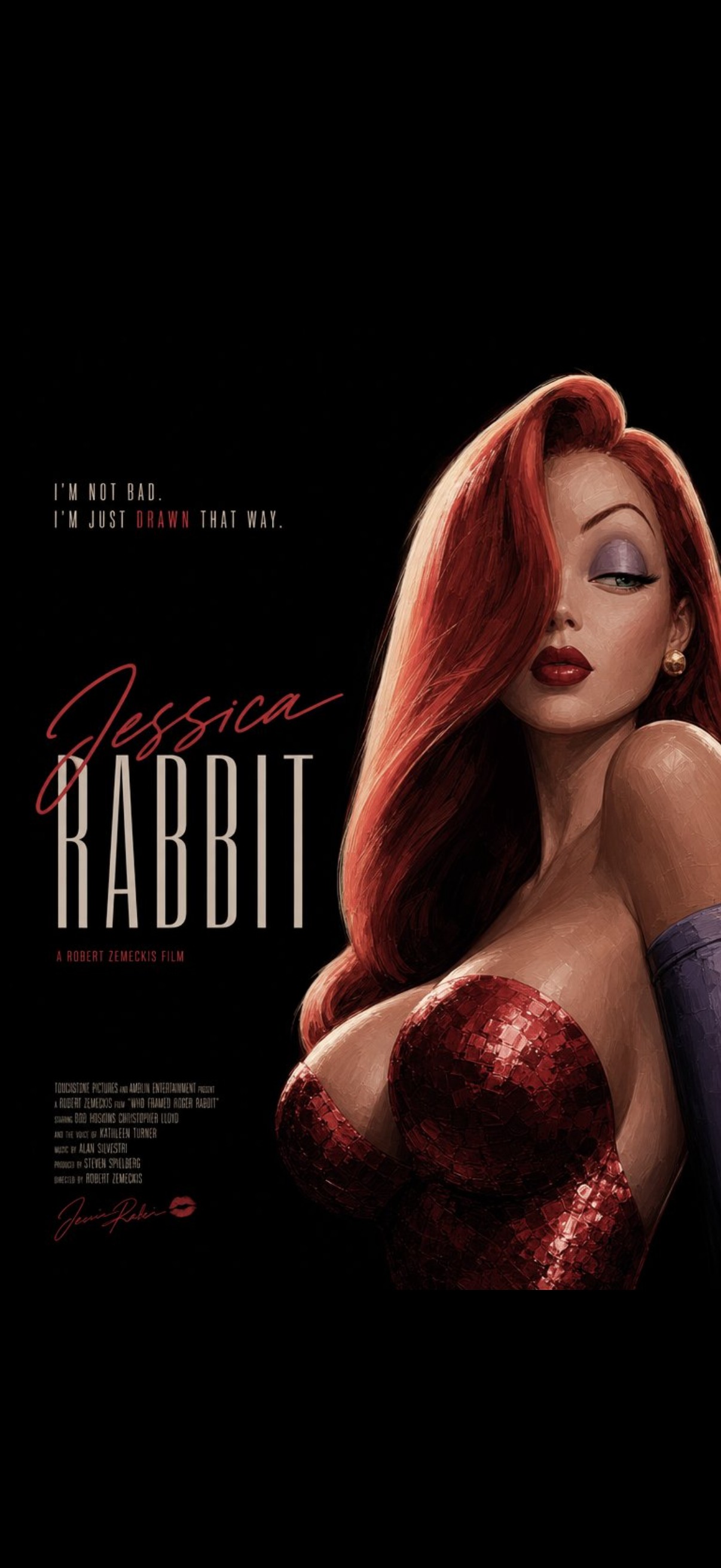 « JESSICA RABBIT » — redesign façon affiche de film, typographie manuscrite rouge, fond noir, pose glamour classique