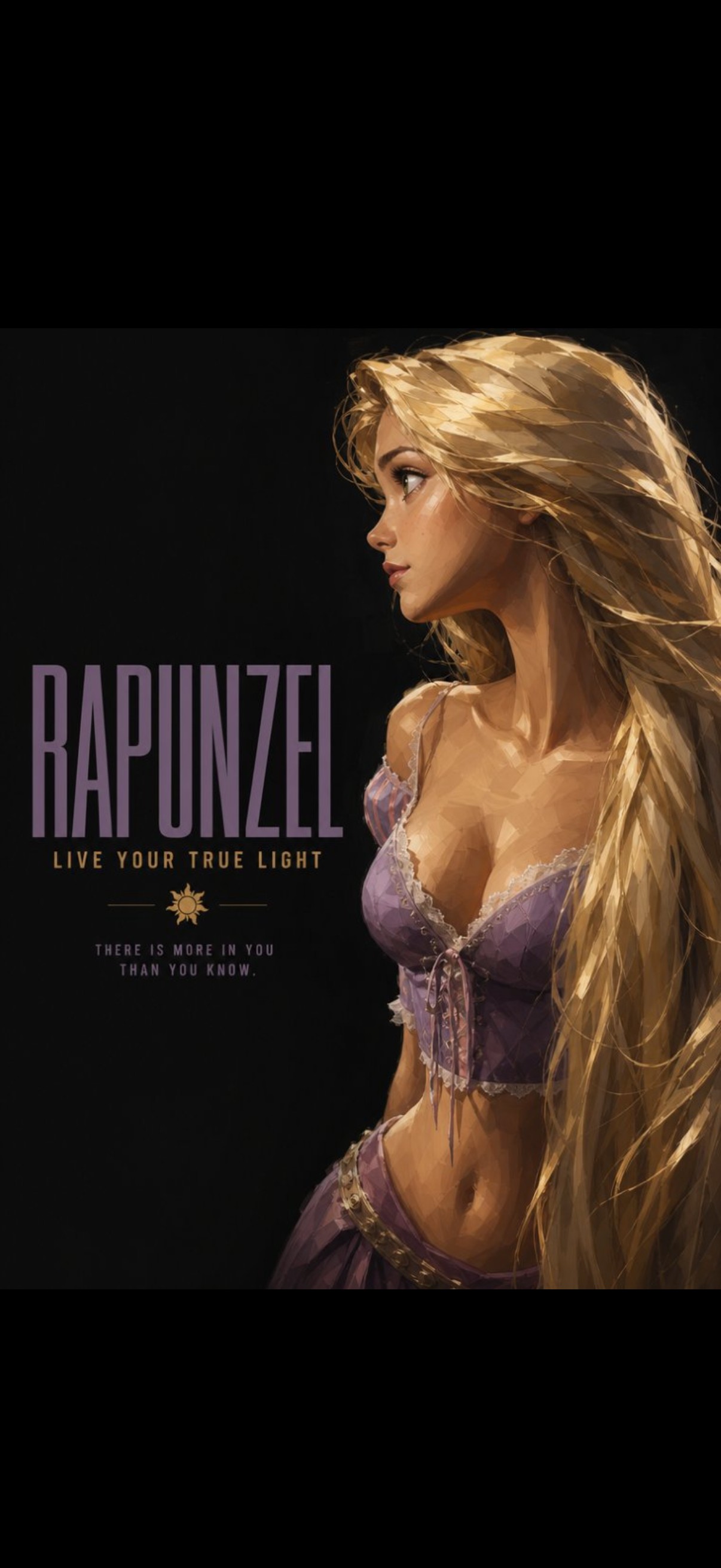« RAPUNZEL — Live your true light » — redesign Disney, longue chevelure blonde, robe violette, fond noir
