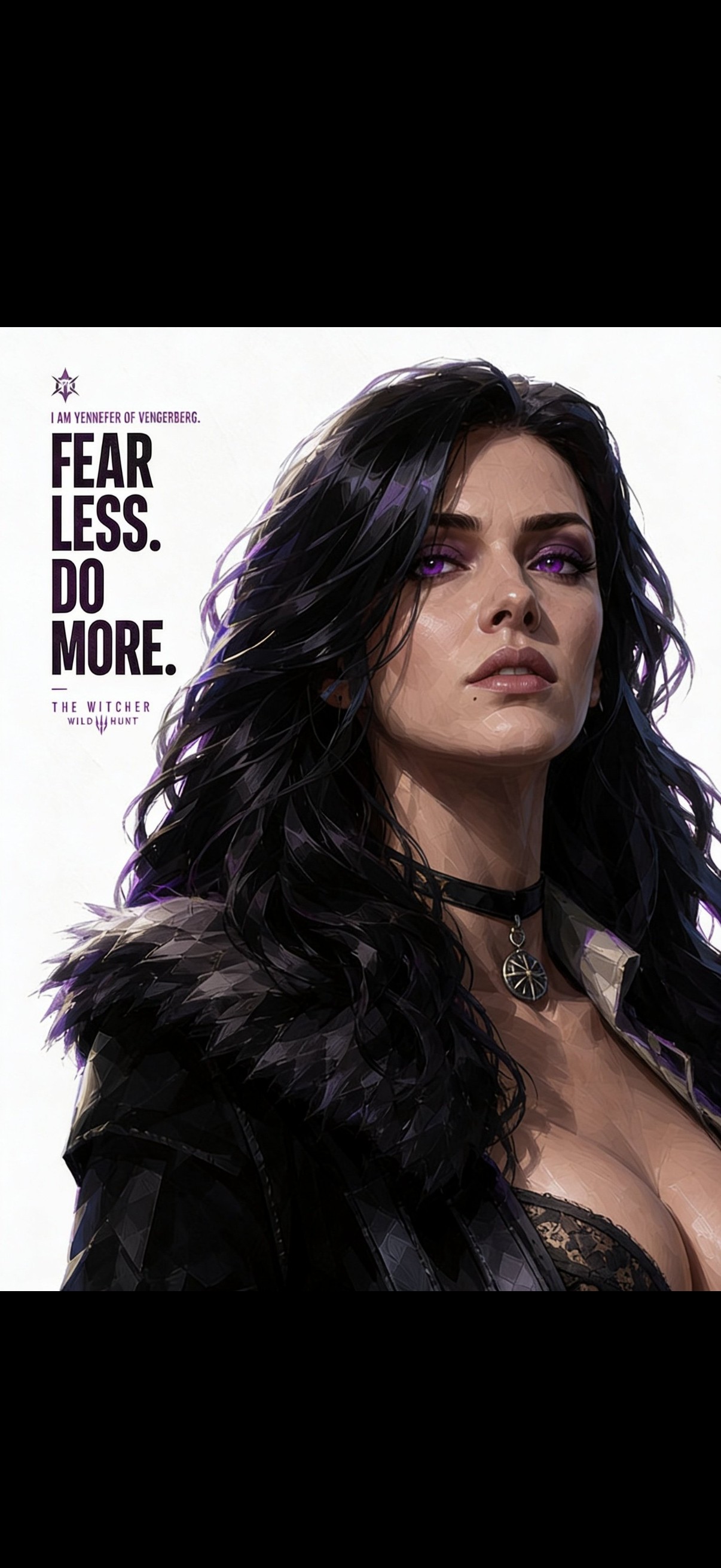 « FEAR LESS. DO MORE. » — portrait sombre façon Witcher, cheveux noirs, maquillage violet, accroche slogan de marque