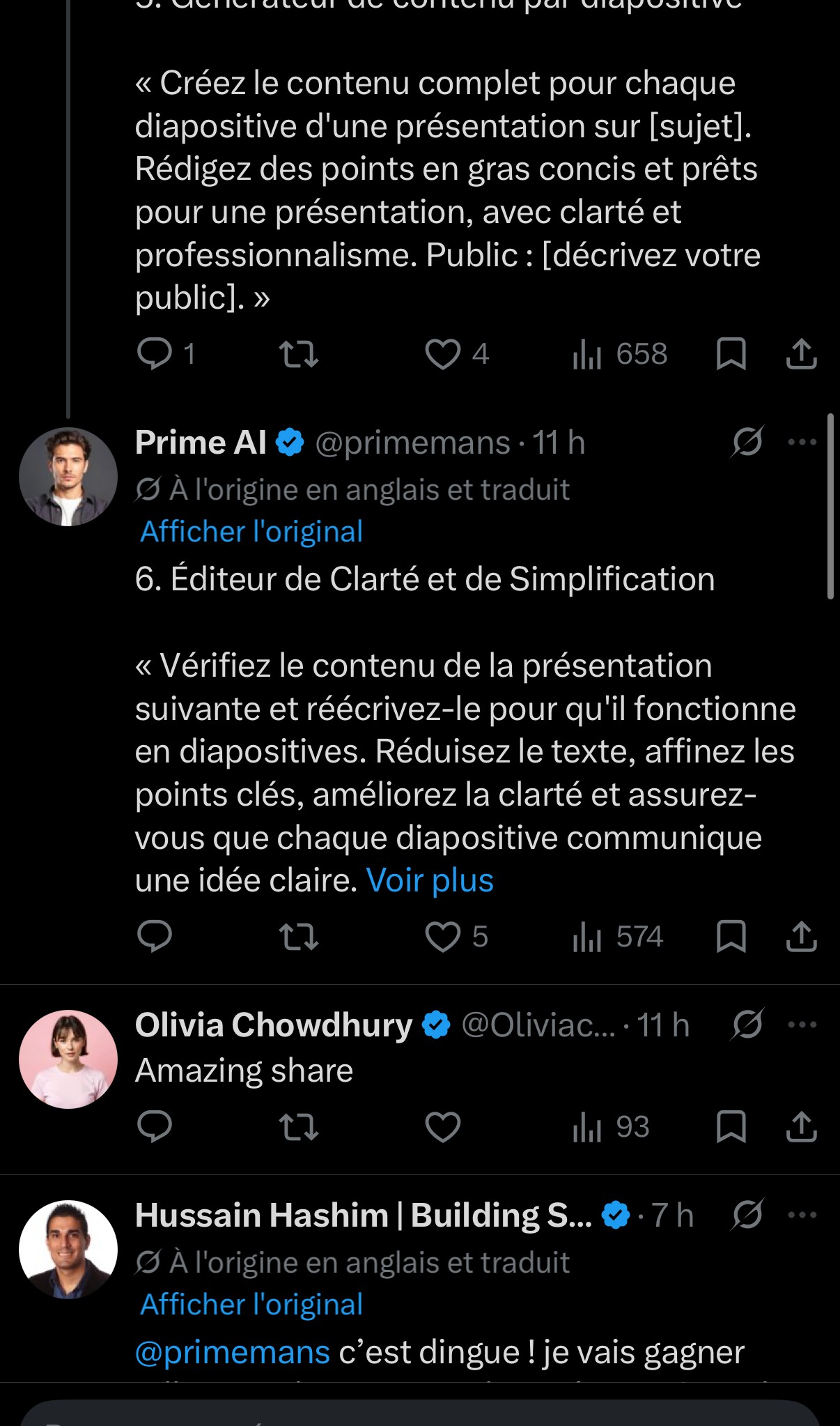 Prompts 4-6 — direction visuelle et design par diapo ; générateur de contenu complet par diapo ; éditeur de clarté et simplification finale