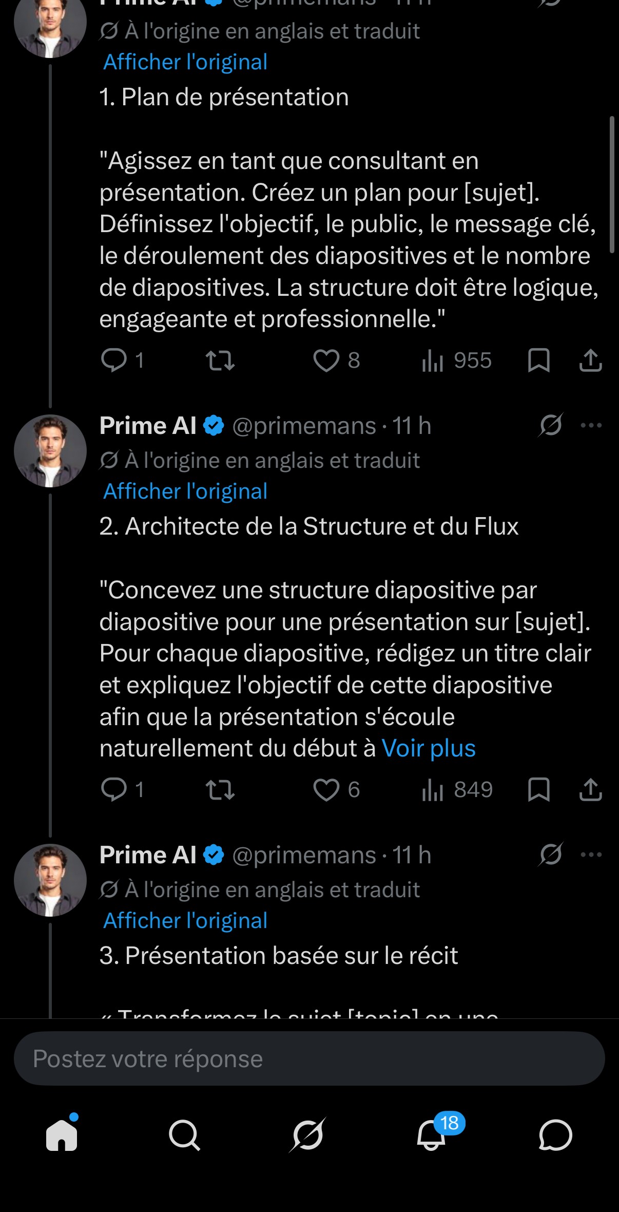 Prompt 1 « Plan de présentation » — agir en tant que consultant en présentation pour définir objectif, public, message clé et déroulement
