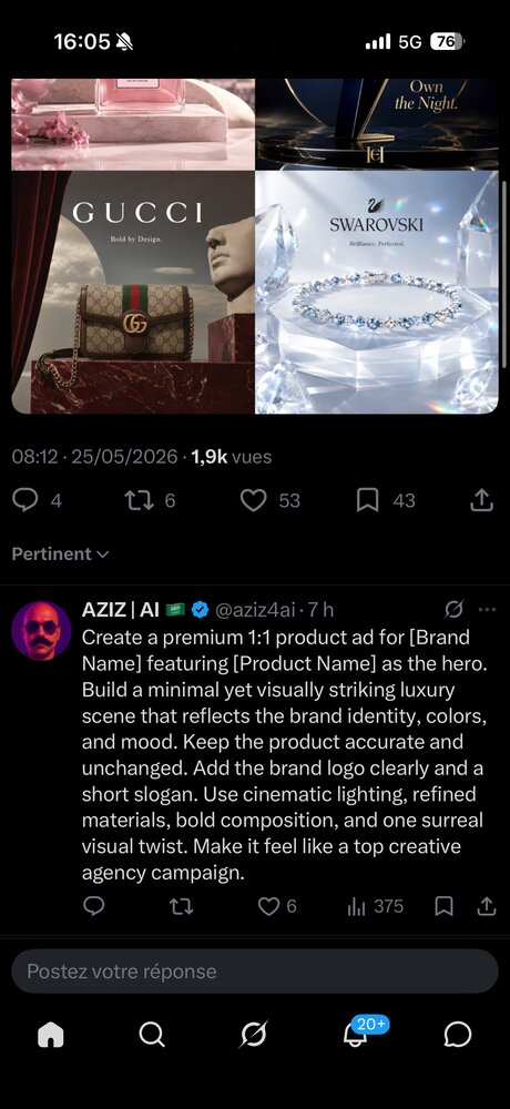 Template prompt publicité produit luxe 1:1 — démontré sur Gucci et Swarovski