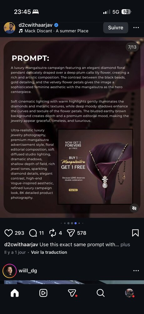 Prompt 7/13 — pendentif mangalsutra floral sur fond de callas prune, éclairage cinématique