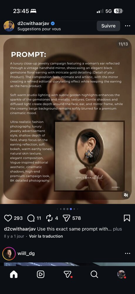 Prompt 11/13 — reflet d'une boucle d'oreille florale dans un miroir tenu à la main