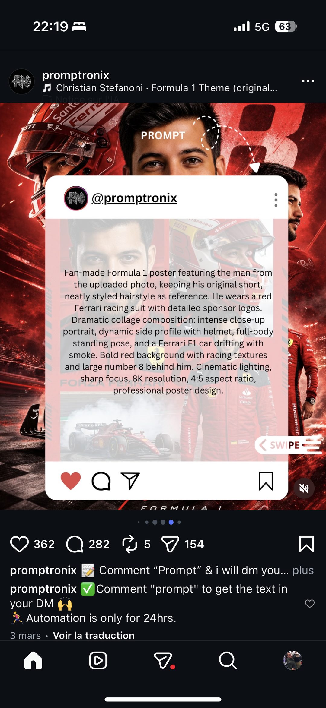 Prompt IA : poster F1 façon Ferrari