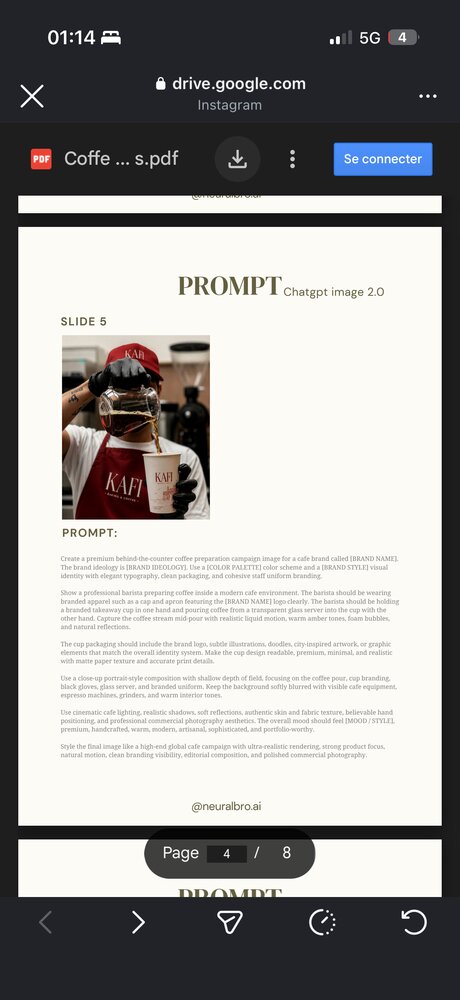 Slide 5/8 — prompt image + rendu : barista préparant un café en cadrage produit, marque « KAFI »