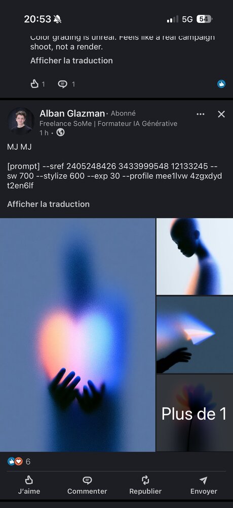 Prompt Midjourney --sref (silhouette dégradé néon, mains tendues, halo lumineux coloré)