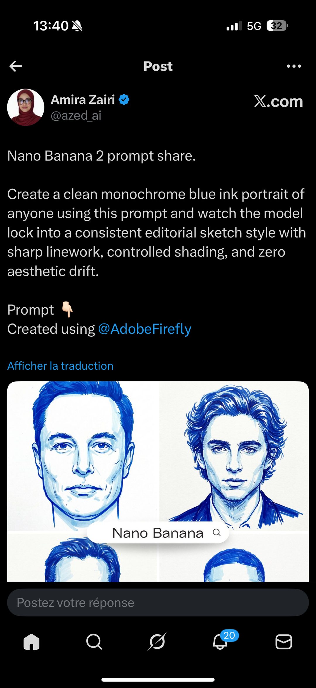 Prompt Nano Banana 2 — portraits encre bleue monochrome (Adobe Firefly)