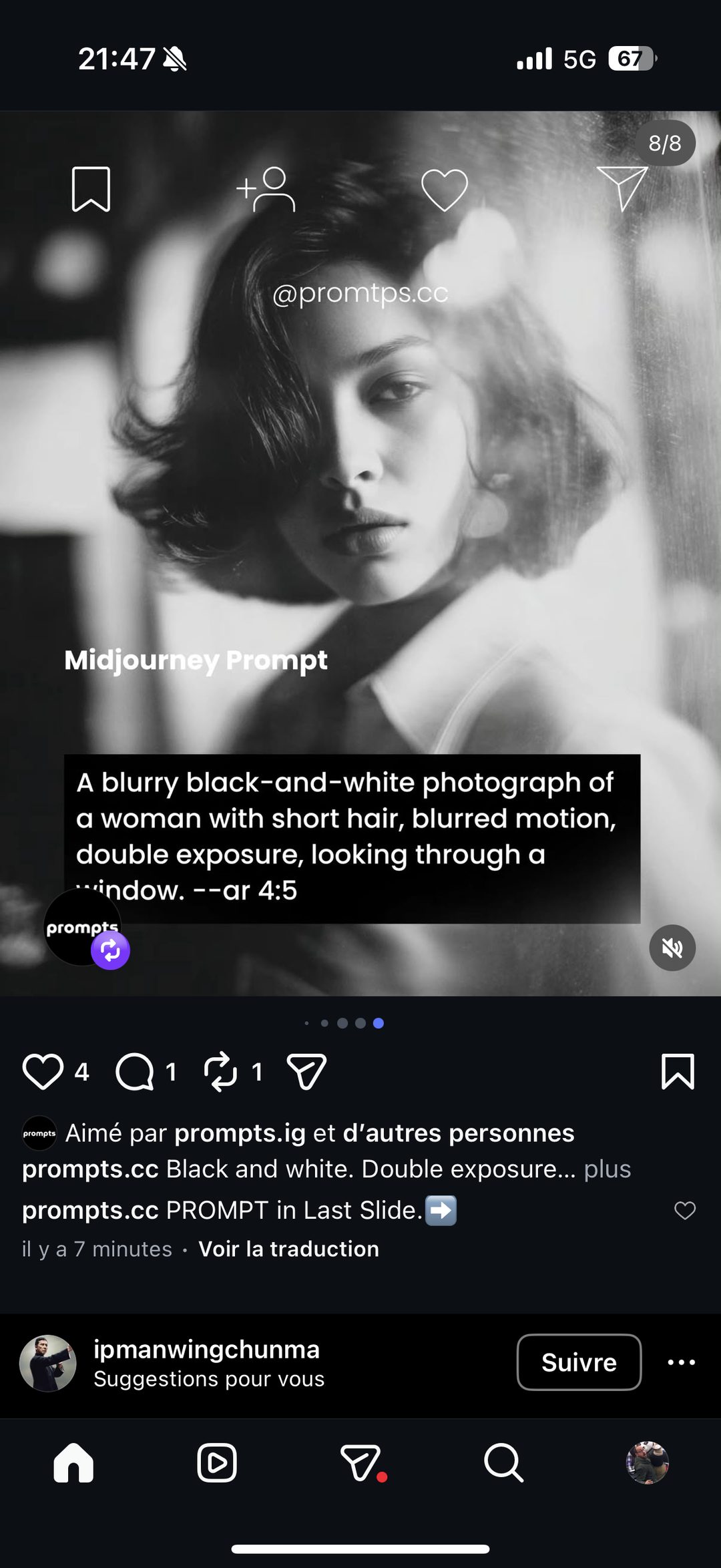 Prompt Midjourney : portrait noir et blanc flou en double exposition