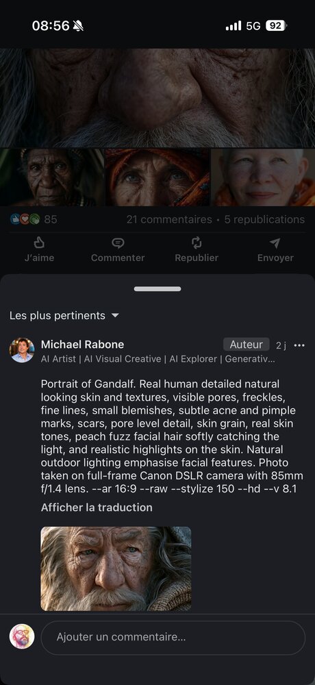 Portrait de Gandalf hyperréaliste — pores visibles, taches de rousseur, poils folliculaires, éclairage naturel extérieur