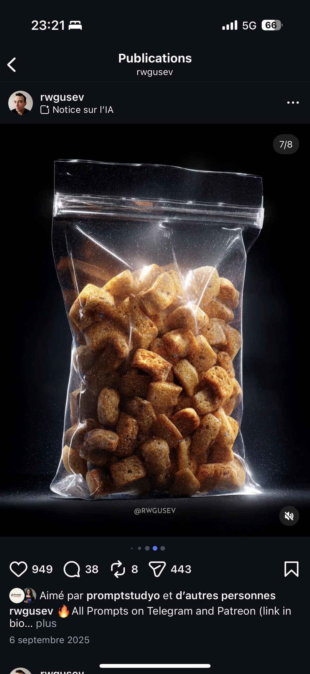 Rendu IA : sachet de croutons sous vide en lumière dramatique