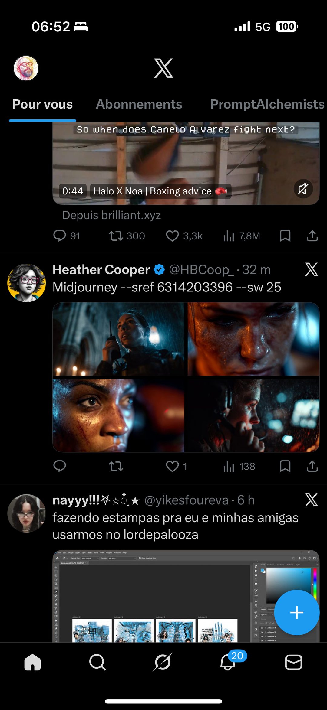 Feed X, onglet « PromptAlchemists » — prompts Midjourney et pub IA générative
