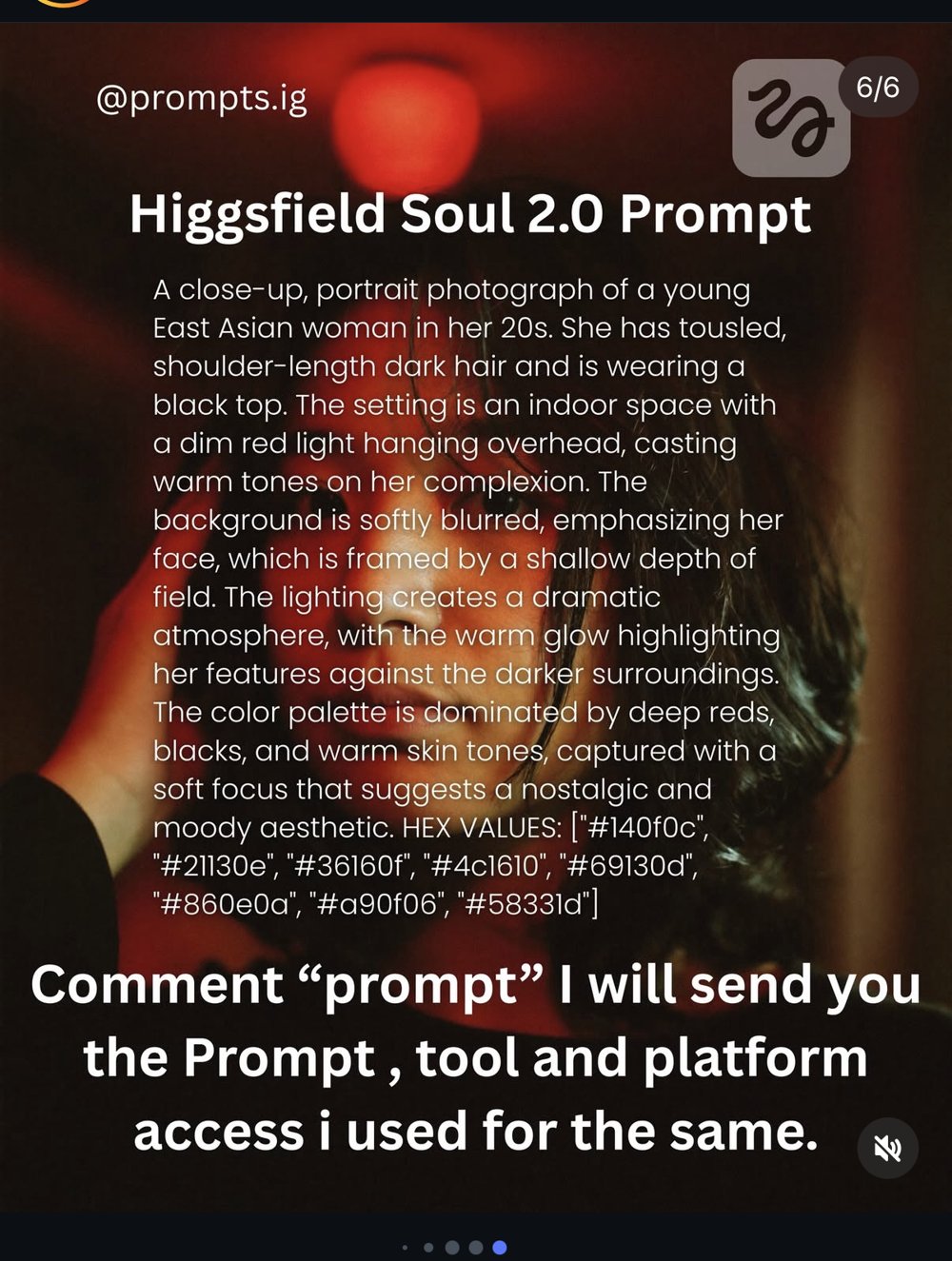 prompts.ig — « Higgsfield Soul 2.0 », portrait moody rouge avec HEX values