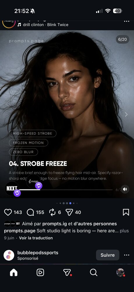 Strobe figeant les cheveux en mouvement
