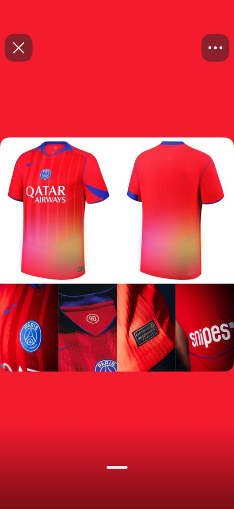 Maillot PSG rouge Qatar Airways, présentation retail Snipes