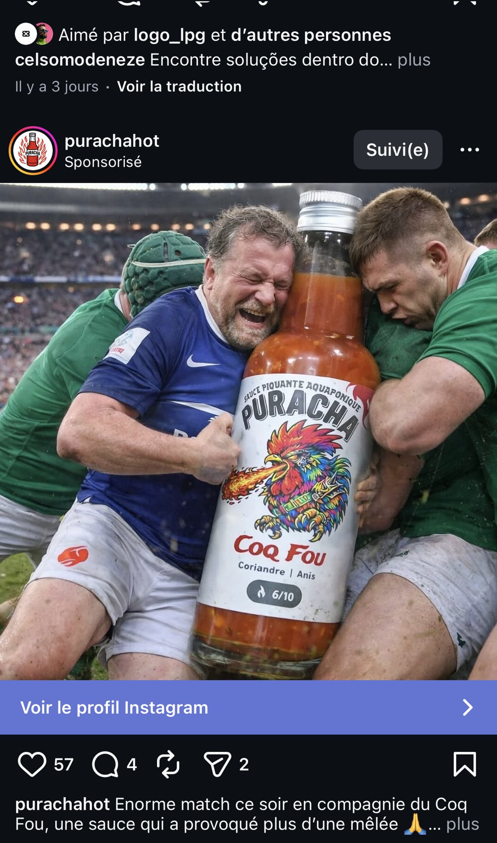 Publicite sauce piquante Coq Fou rugby melee joueurs