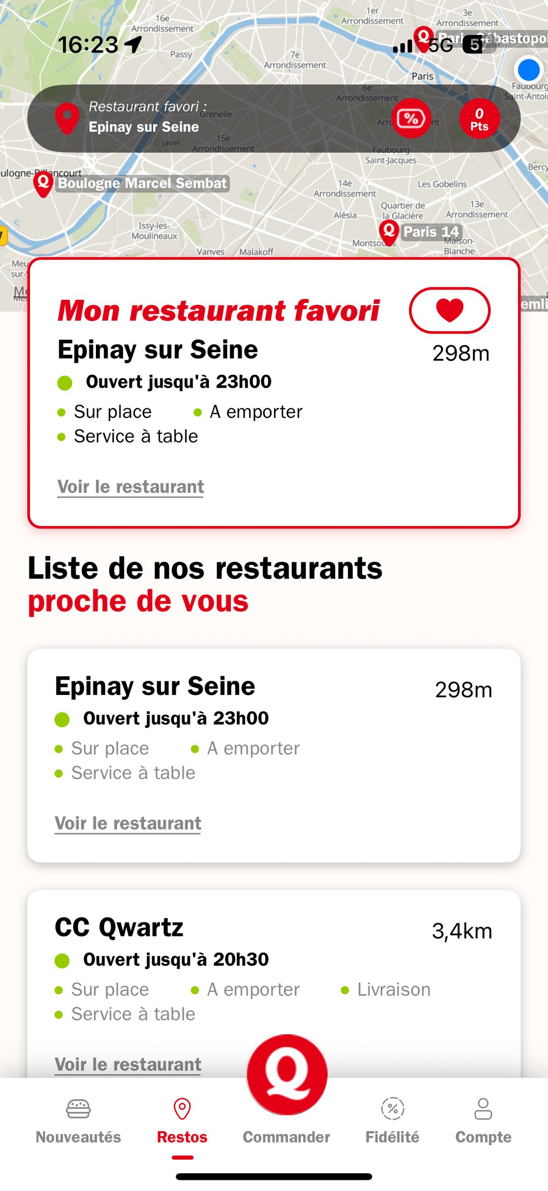 Quick — UX localisation restaurant favori