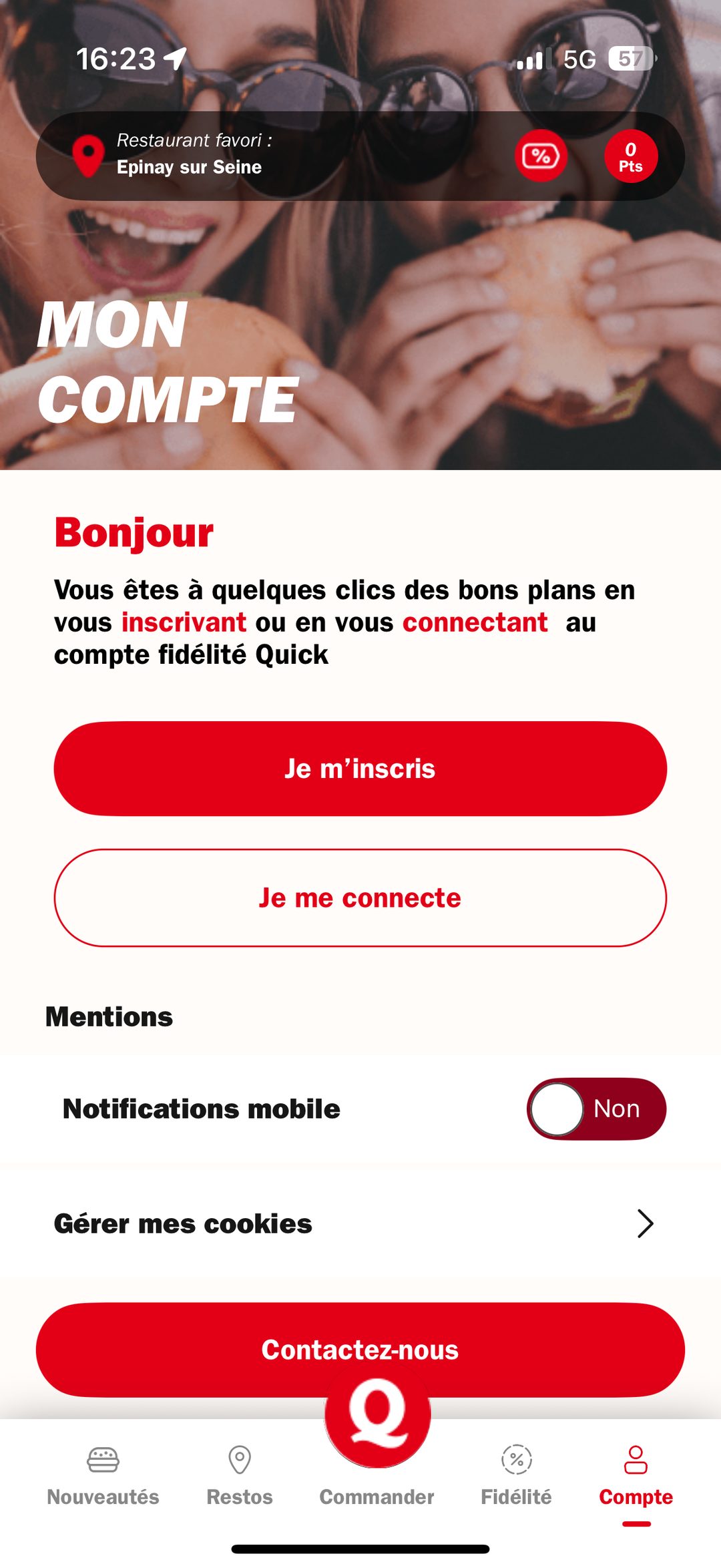 Quick — écran "Mon compte" accueil personnalisée