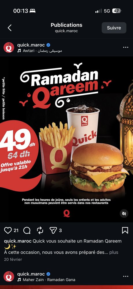 Quick Maroc — campagne Ramadan Qareem, menu réduit, visuel lanterne