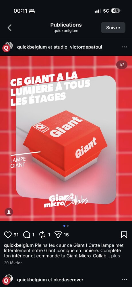 Lampe « Giant » — mini réplique lumineuse du burger emblématique Quick, collab studio Victor Depatoul