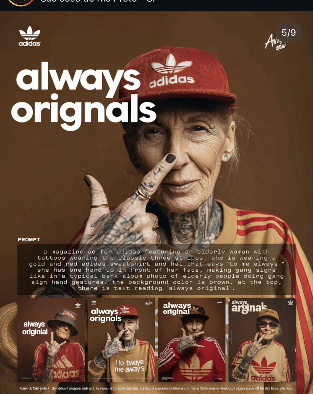 Prompt pub Adidas détournée « always orignals », mamie tatouée (slide 5/9)