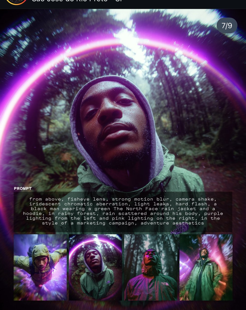 Prompt campagne The North Face, fisheye sous la pluie en forêt (slide 7/9)