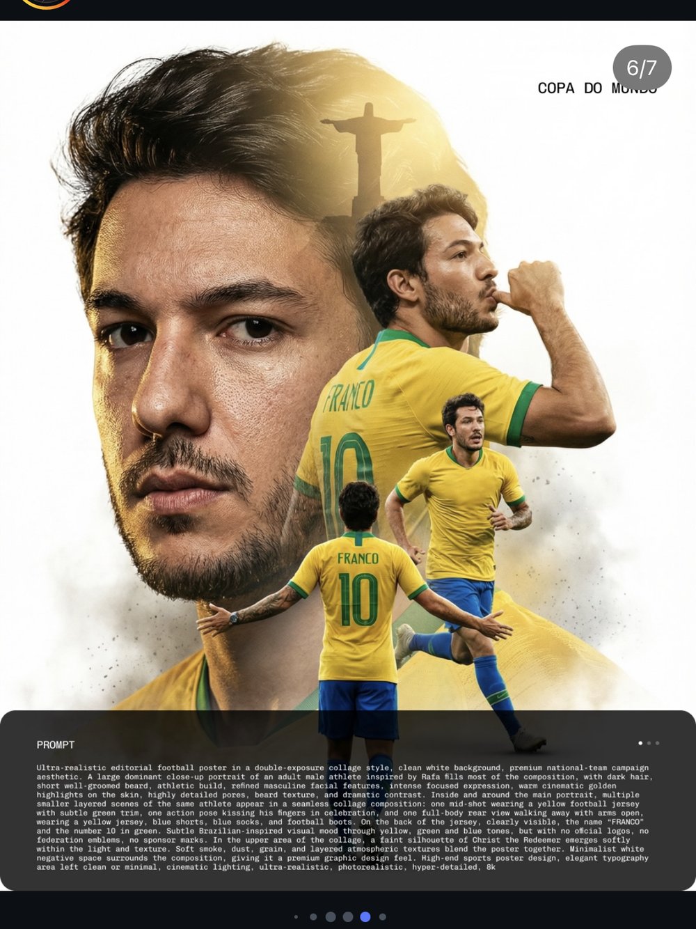 rafafrancodesign — poster éditorial « Copa do Mundo » (collage double-exposition, athlète fictif « Franco »)