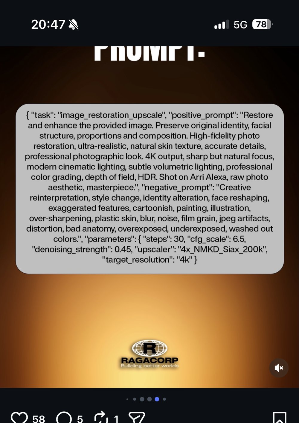 Prompt JSON restauration et upscale photo parametres techniques