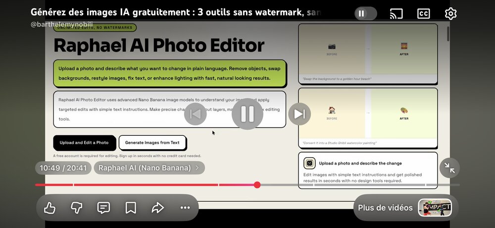 Interface Raphael AI Photo Editor, édition d'image par instructions texte avant/après