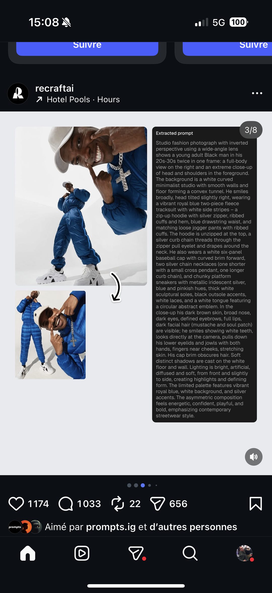 Portrait streetwear (survêtement bleu, casquette, chaînes) accompagné du prompt intégral extrait par l’outil