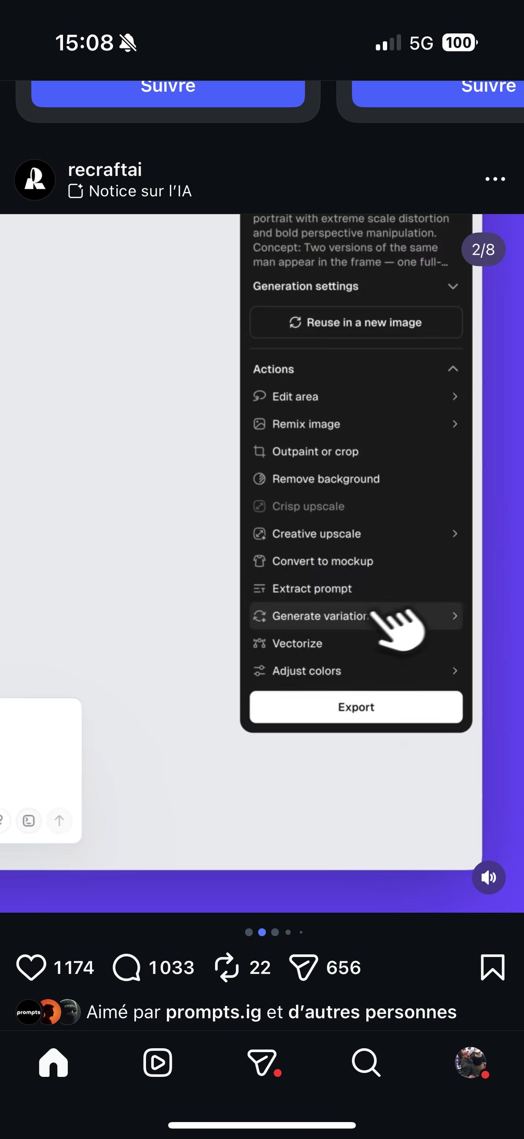 Menu complet des actions RecraftAI : Edit area, Remix image, Outpaint/crop, Remove background, Crisp/Creative upscale, Convert to mockup, Extract prompt, Generate variation, Vectorize, Adjust colors