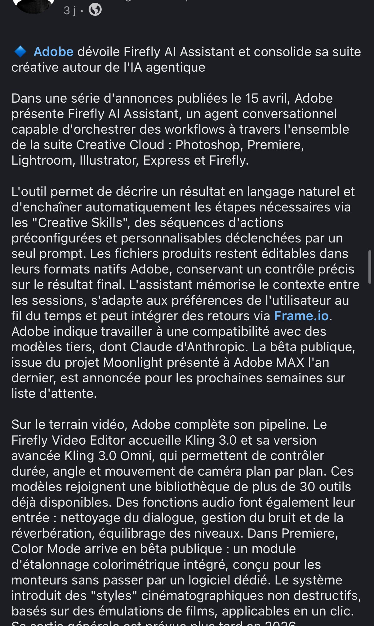 « Adobe dévoile Firefly AI Assistant et consolide sa suite créative autour de l'IA agentique » — annonces du 15 avril 2026