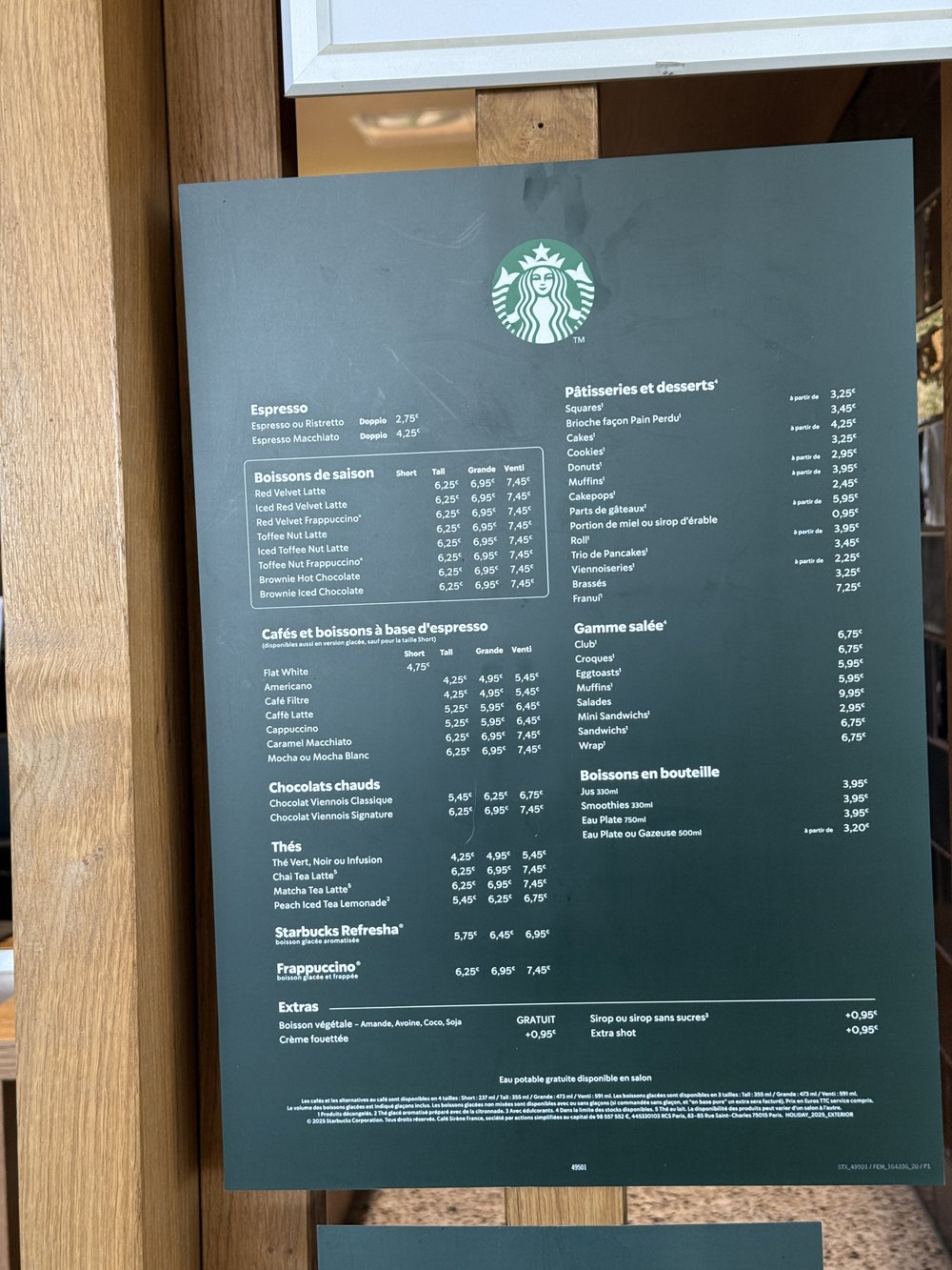 Carte des prix Starbucks