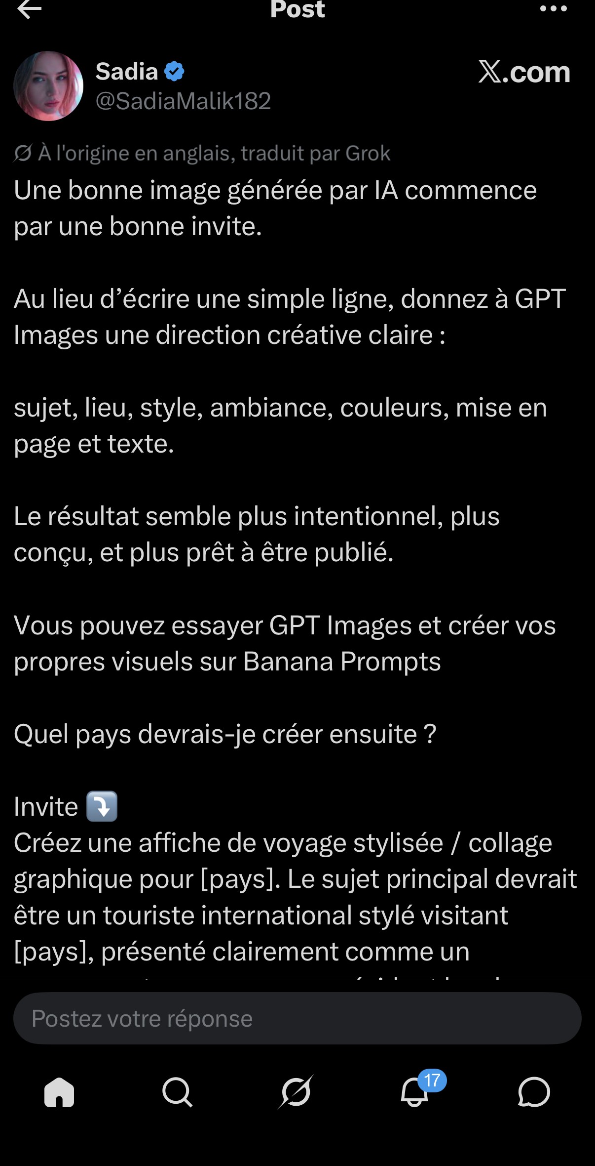 Sadia (@SadiaMalik182) — principe de prompt-écriture pour GPT Images : sujet, lieu, style, ambiance, couleurs, mise en page, texte, illustré par une affiche de voyage collage