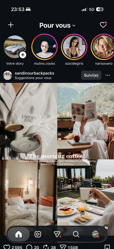 Montage 4 vues : peignoir Larchen Lodge et café, lecture en terrasse face aux montagnes, chambre douillette, petit-déjeuner en terrasse