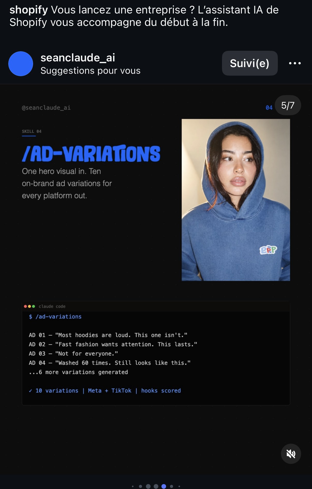 « SKILL 04 — /ad-variations » : un visuel hero en entrée, 10 variations publicitaires par plateforme, accroches scorées