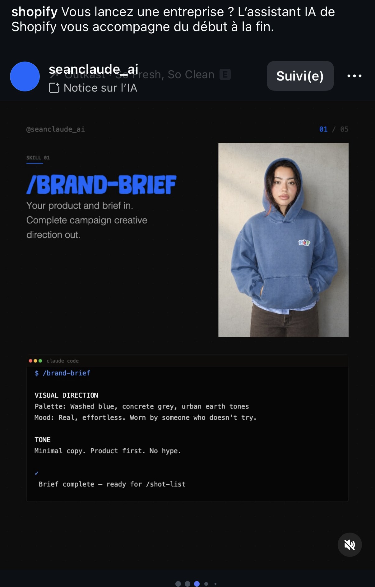 « SKILL 01 — /brand-brief » : palette washed blue/concrete grey, ton minimal product-first, direction visuelle générée à partir du produit et du brief